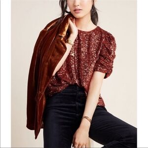 💘 NWT By Anthropologie Marie Sequined Blouse Copper Orange Sequin Puff Sleeve